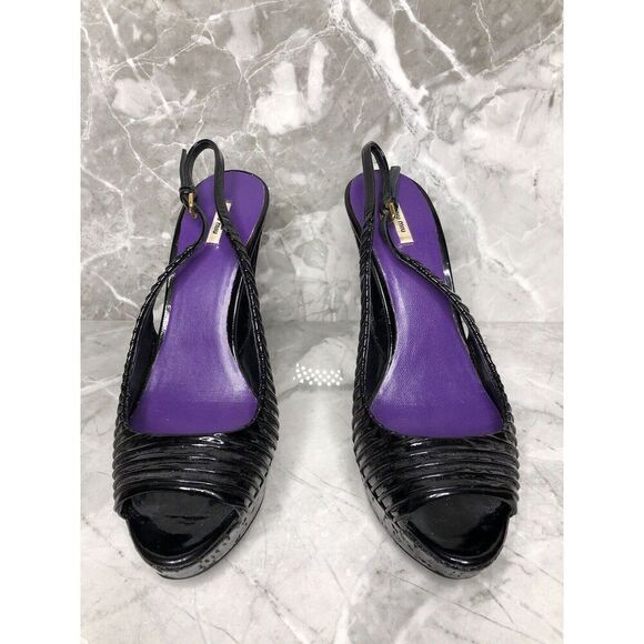 MIU MIU Black Patent Leather Peep Ankle Strap Platform Stiletto Heels Women 38.5 - Picture 14 of 16